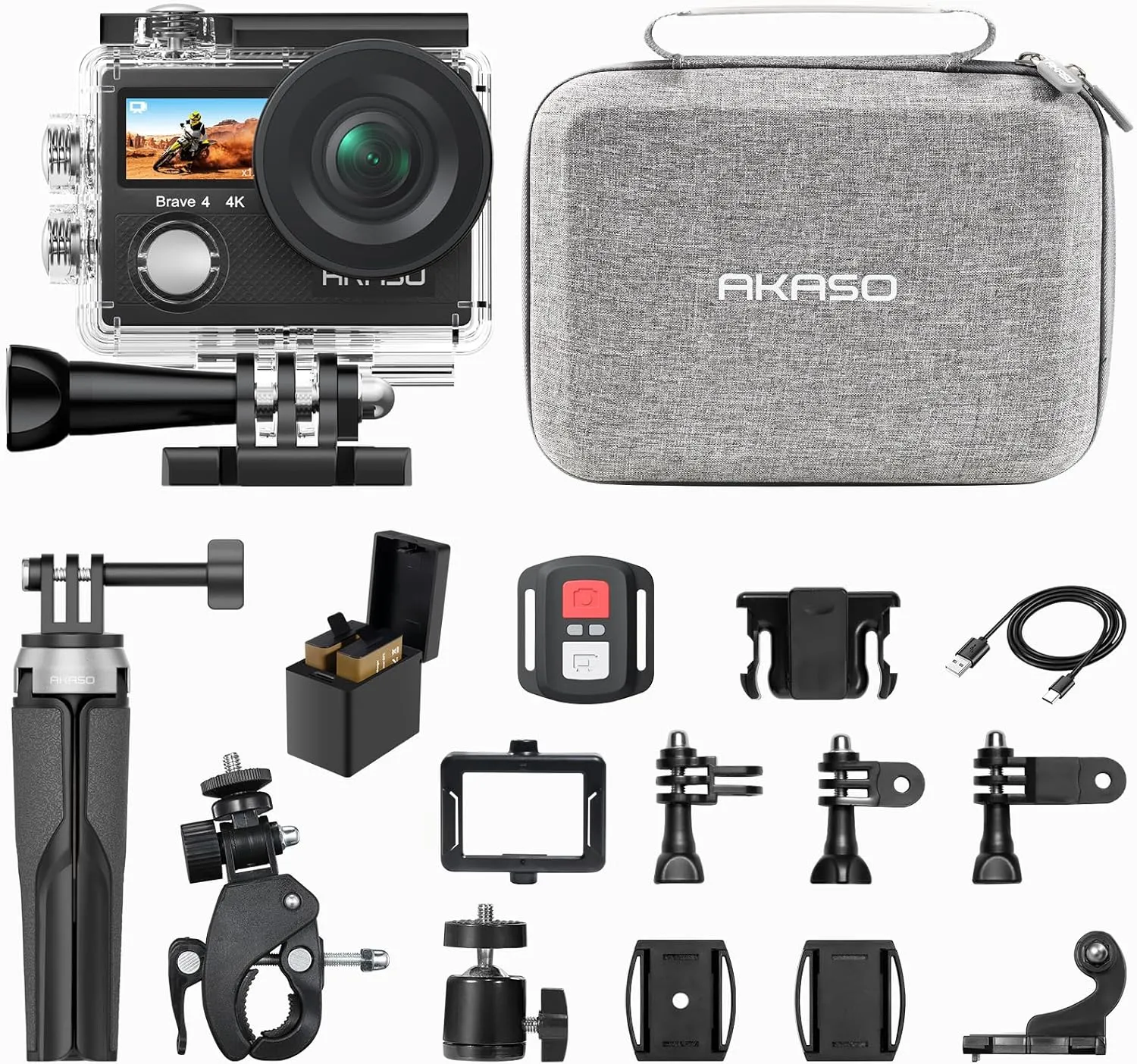 AKASO Brave 4 Action Camera with Selfie Stick Tripod and Carrying Case Bundle - 4K30 20MP Ultra Hd EIS 131ft Underwater Camera 5xZoom Dual Screen with Helmet and Bicycle Accessories Kit