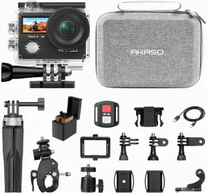 AKASO Brave 4 Action Camera with Selfie Stick Tripod and Carrying Case Bundle - 4K30 20MP Ultra Hd EIS 131ft Underwater Camera 5xZoom Dual Screen with Helmet and Bicycle Accessories Kit