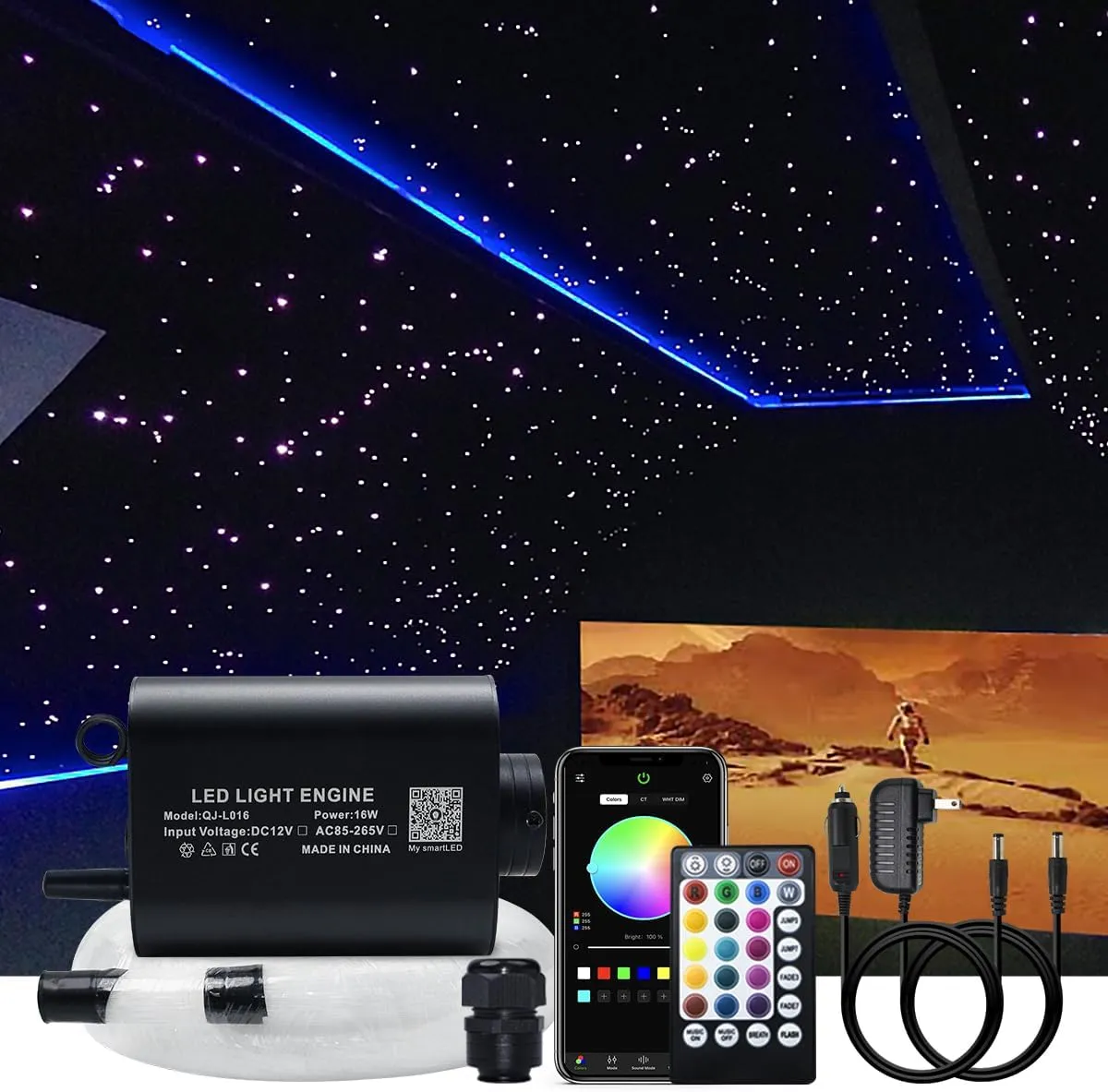 AKEPO 16W Fiber Optic Lights Optical Fibre Star Ceiling Light Kit RGBW APP Music Control Car Home Use, Sound Sensor Light Source with 28key RF Musical Remote and Fiber Cable 450pcs 0.75mm 9.8ft/3m