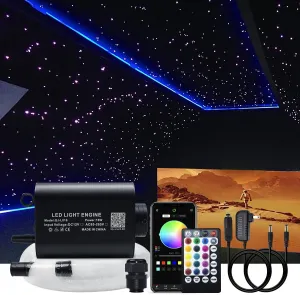 AKEPO 16W Fiber Optic Lights Optical Fibre Star Ceiling Light Kit RGBW APP Music Control Car Home Use, Sound Sensor Light Source with 28key RF Musical Remote and Fiber Cable 450pcs 0.75mm 9.8ft/3m