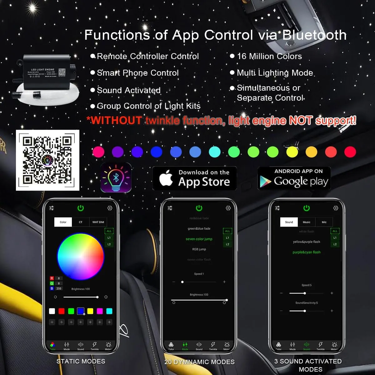 AKEPO 16W Fiber Optic Lights Optical Fibre Star Ceiling Light Kit RGBW APP Music Control Car Home Use, Sound Sensor Light Source with 28key RF Musical Remote and Fiber Cable 450pcs 0.75mm 9.8ft/3m