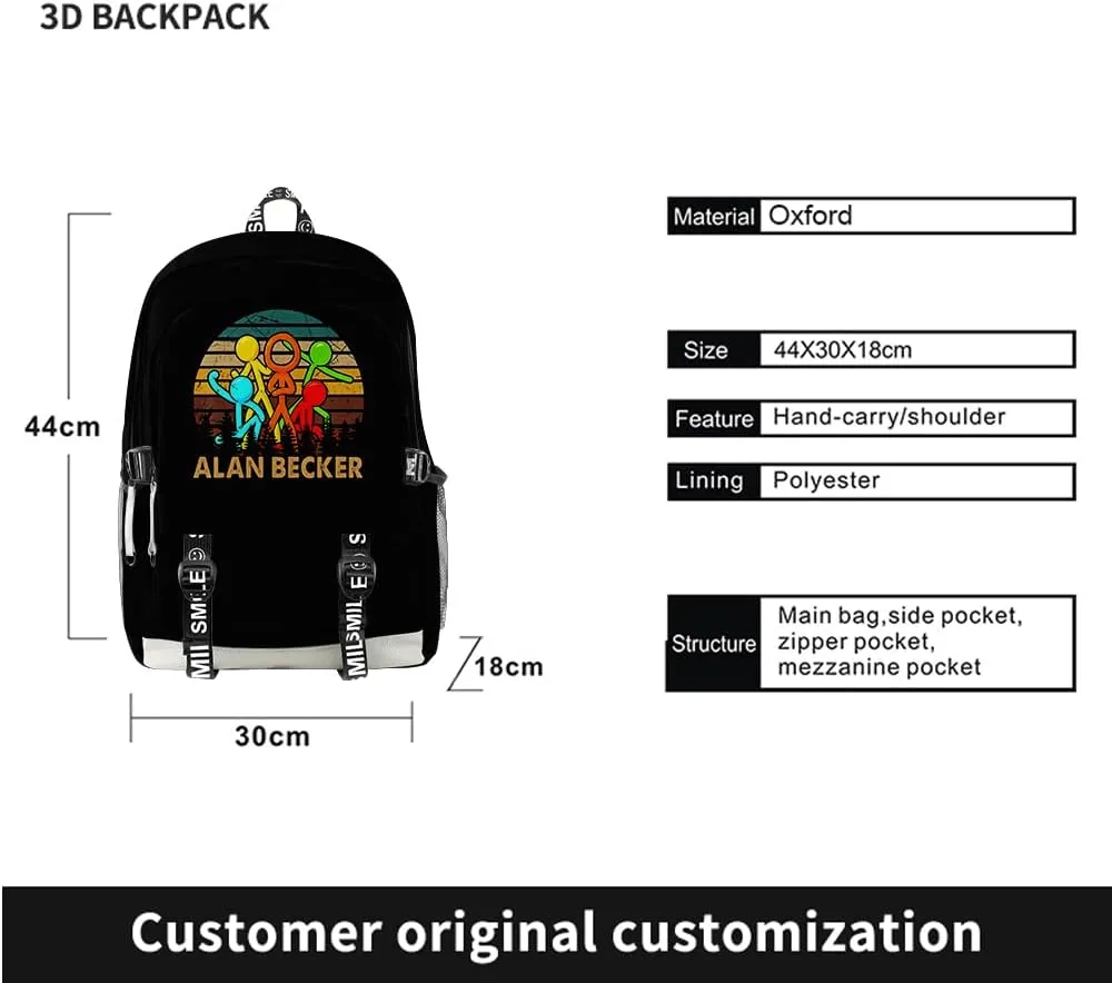 Alan Becker Backpack Merch Women Men Multipurpose Bag Three Piece Travel Backpack Casual Daypack (Black-Suit)