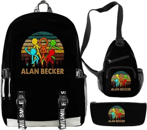 Alan Becker Backpack Merch Women Men Multipurpose Bag Three Piece Travel Backpack Casual Daypack (Black-Suit)