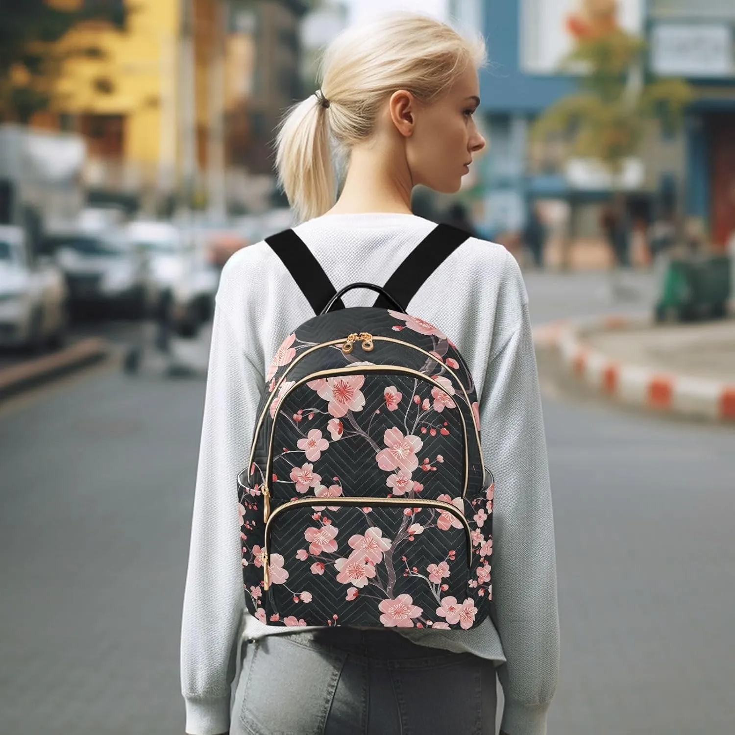 ALAZA Japanese Style Pink Cherry Blossoms Mini Backpack Purse for Women Travel Bag Lightweight Shoulder Bag Fashion Daypack