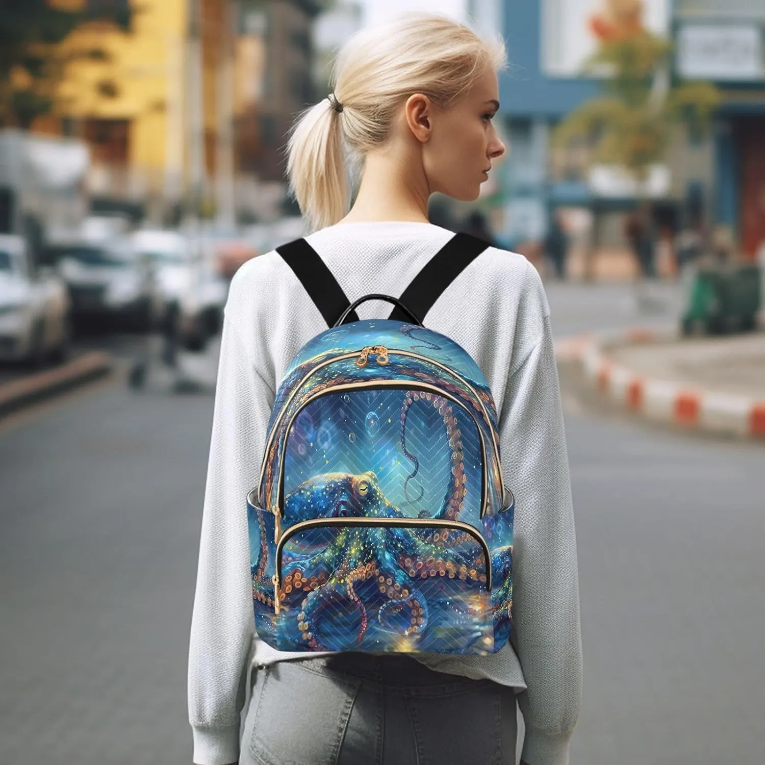ALAZA Mini Backpack for Women Magic Octopus Fish Travel Backpack Purse for Ladies Handbag Shoulder Bag Casual Daypack, M