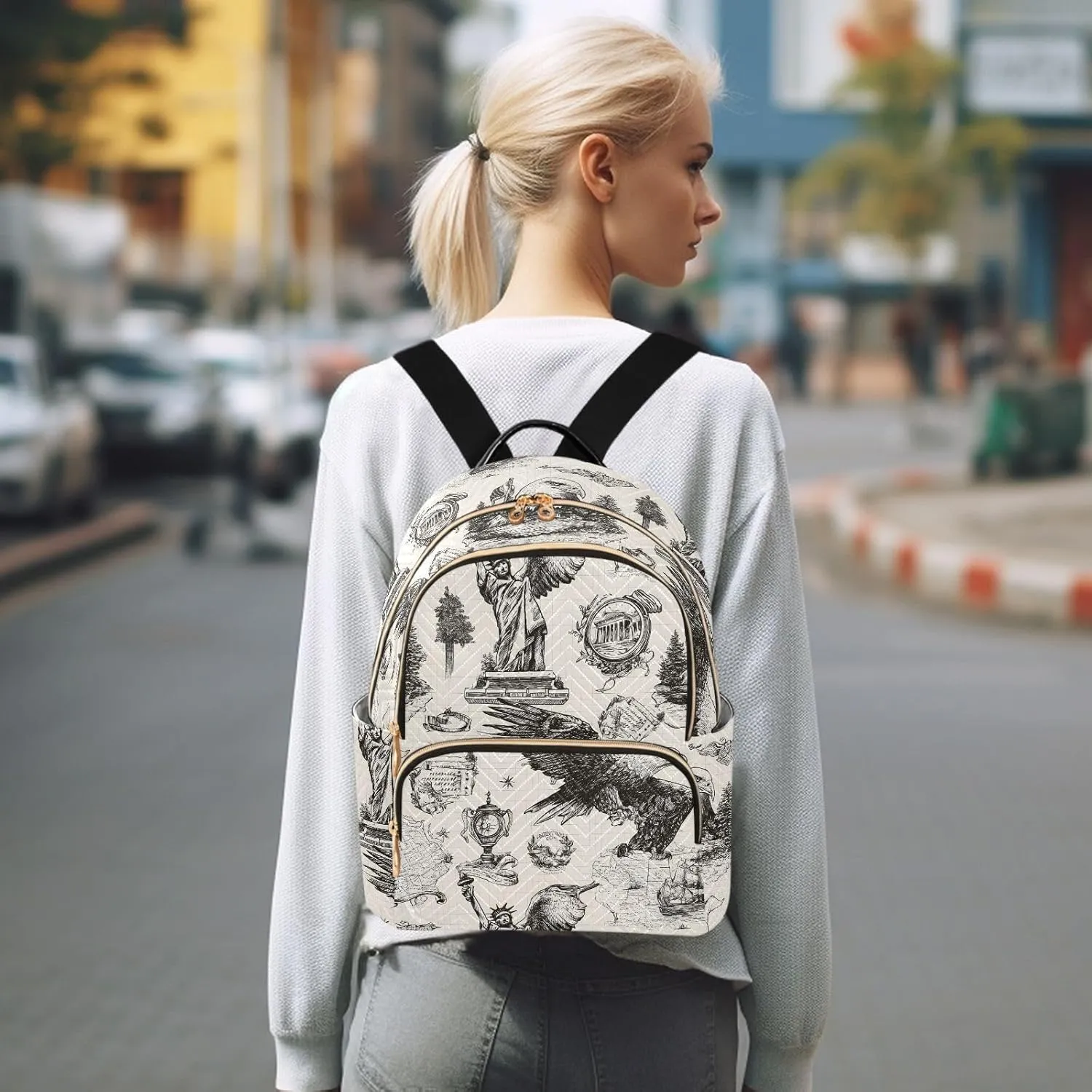 ALAZA Mini Backpack for Women Statue Of Liberty Eagle Vintage Travel Backpack Purse for Ladies Handbag Shoulder Bag Casual Daypack, M