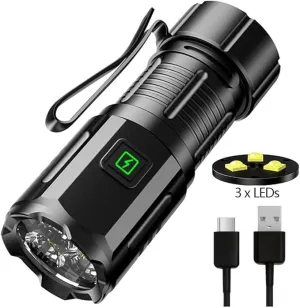 ALONEFIRE X63 Mini LED Flashlight Type C USB Rechargeable Bright 3 LED Light Source Small Torch 7 Modes Waterproof Long Battery Life with Tail Magnet, Clip, Battery for Outdoor, EDC Carry, Hiking
