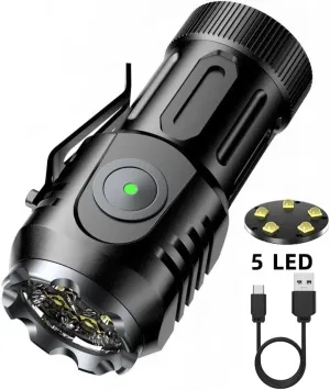 ALONEFIRE X65 Mini LED Flashlight Type C USB Rechargeable Bright 5 LED Light Source Small Torch 8 Modes Waterproof Long Battery Life with Tail Magnet, Clip, Battery for Outdoor, EDC Carry, Hiking