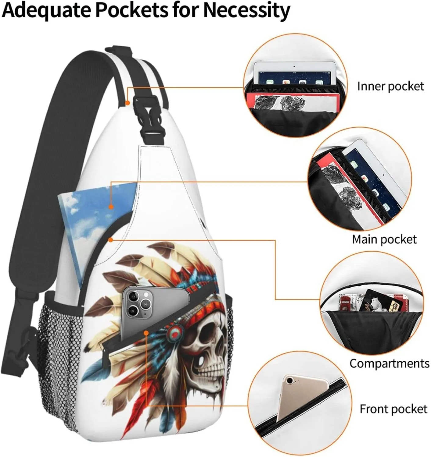 America Indian Skull Outdoor Cross-body Shoulder Bag, Unisex Backpack For Women Men Young Hiking Travel