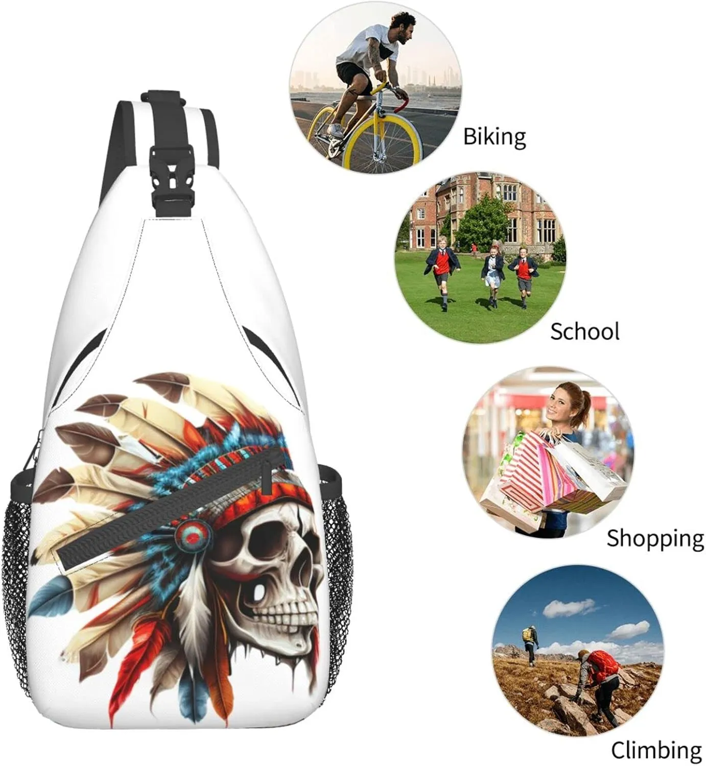 America Indian Skull Outdoor Cross-body Shoulder Bag, Unisex Backpack For Women Men Young Hiking Travel