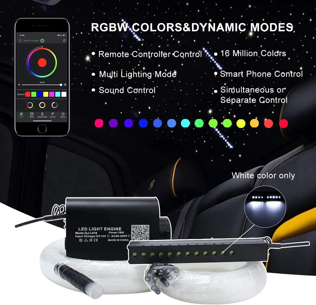 AMKI 16W Fiber Optic Lights,Starlight Headliner Light Kit APP/Remote Control Sound Activated Mode for Car&Home Decoration,Optical Fiber Cable Strands 0.75mm/0.03in 9.8ft/3m 450pcs