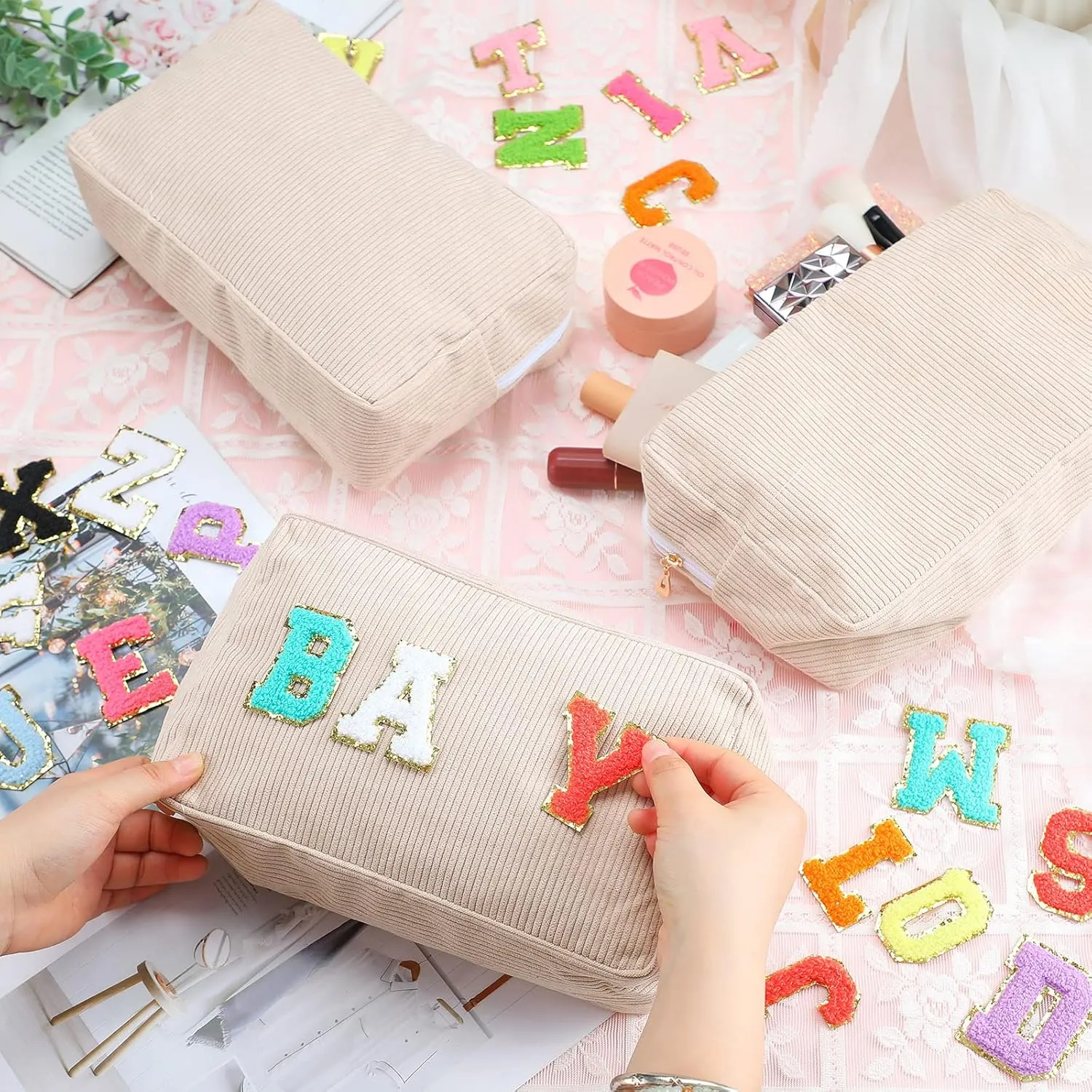 Amylove 12 Pcs Christmas Corduroy Makeup Bag Large Capacity Preppy Cosmetic Bag Bulk DIY Daily Use Plain Portable Makeup Pouch Travel Purse Organizer Storage for Women Xmas Gift (Beige Pink)