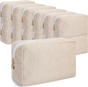Amylove 12 Pcs Christmas Corduroy Makeup Bag Large Capacity Preppy Cosmetic Bag Bulk DIY Daily Use Plain Portable Makeup Pouch Travel Purse Organizer Storage for Women Xmas Gift (Beige Pink)