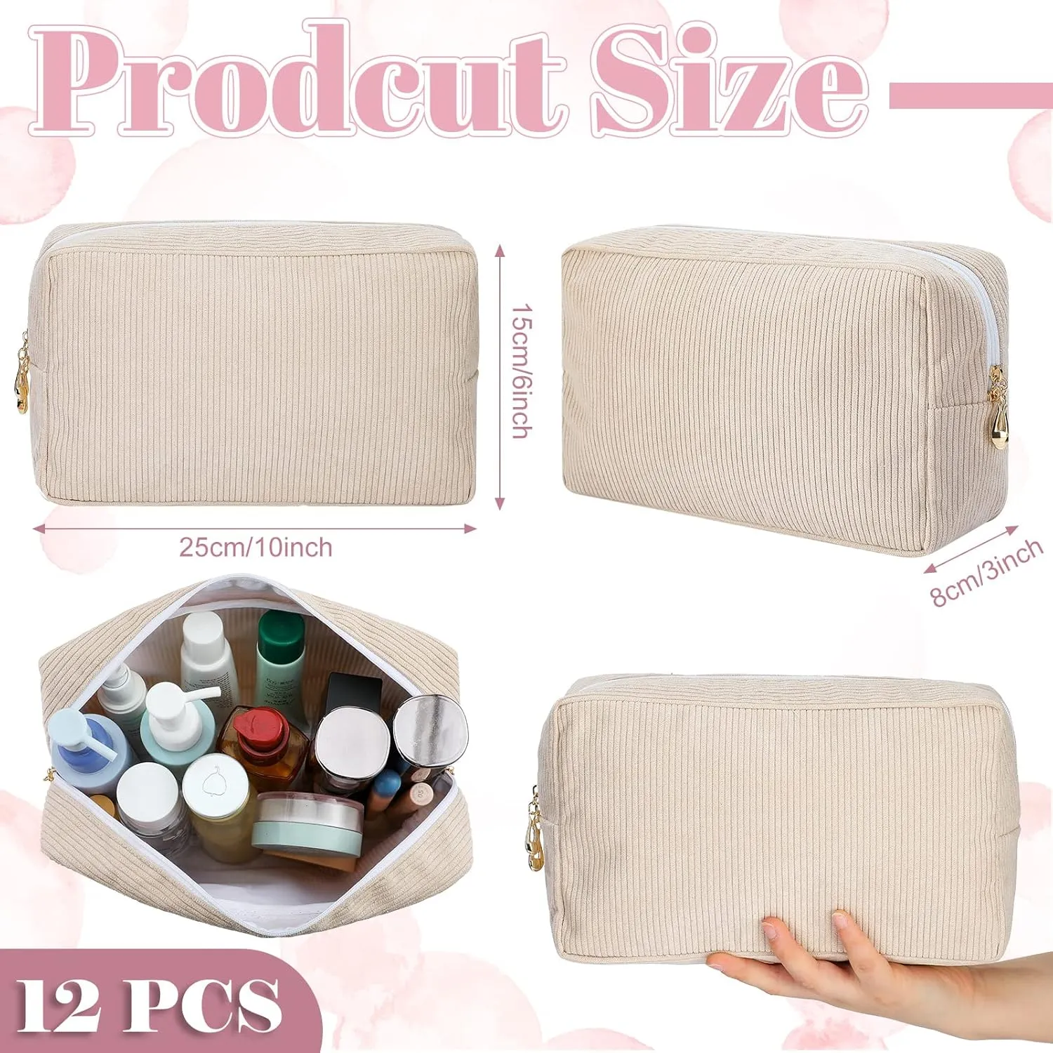 Amylove 12 Pcs Christmas Corduroy Makeup Bag Large Capacity Preppy Cosmetic Bag Bulk DIY Daily Use Plain Portable Makeup Pouch Travel Purse Organizer Storage for Women Xmas Gift (Beige Pink)