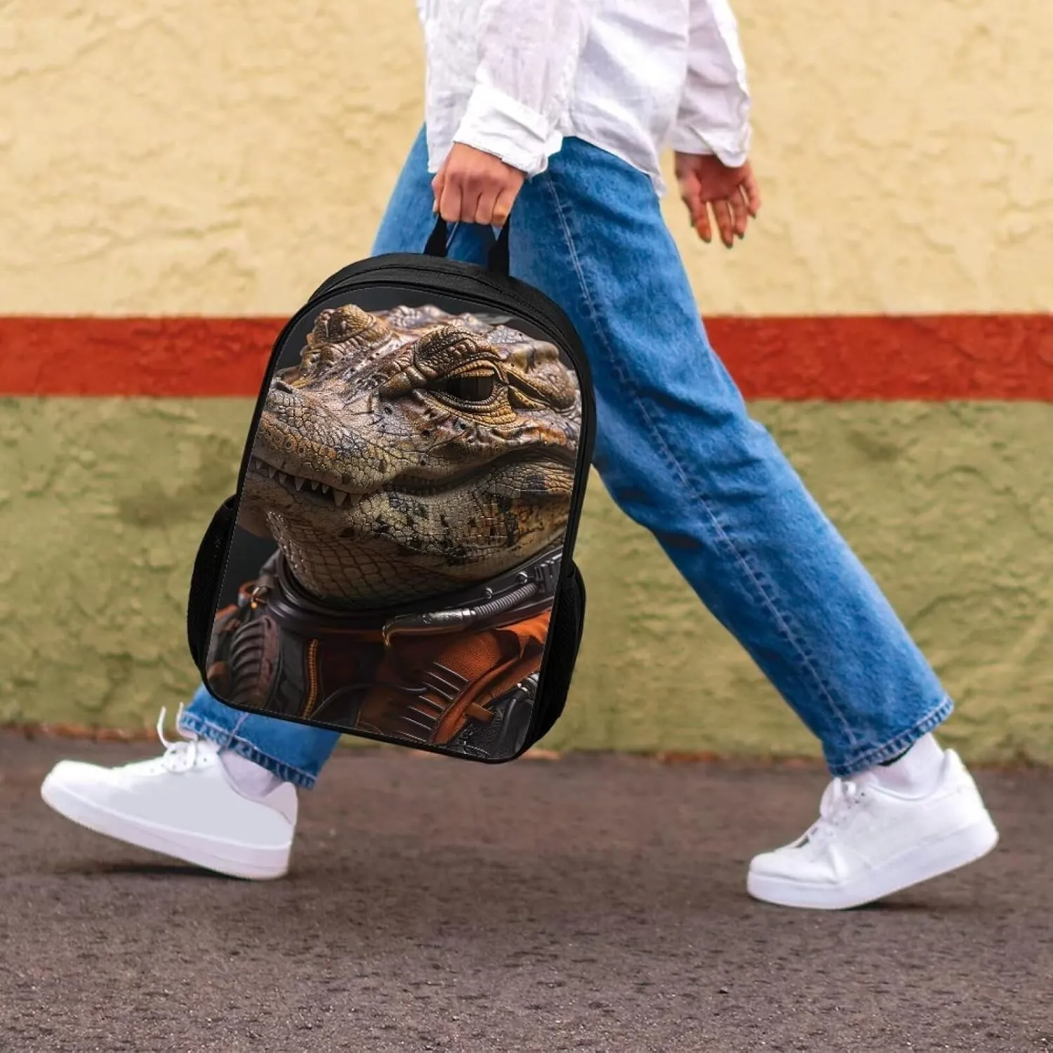 AmzPrint Astronaut Crocodile Black Backpack For Boys Girls Kids 17 Inch Large Capacity Animal Print School Backpack