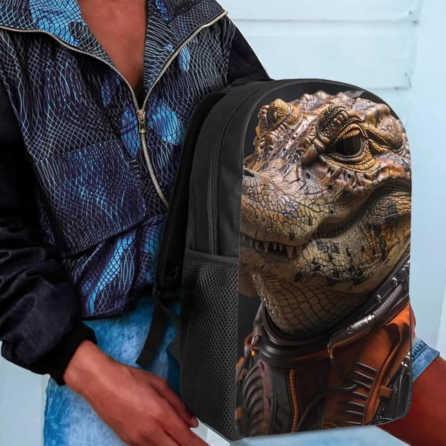 AmzPrint Astronaut Crocodile Black Backpack For Boys Girls Kids 17 Inch Large Capacity Animal Print School Backpack