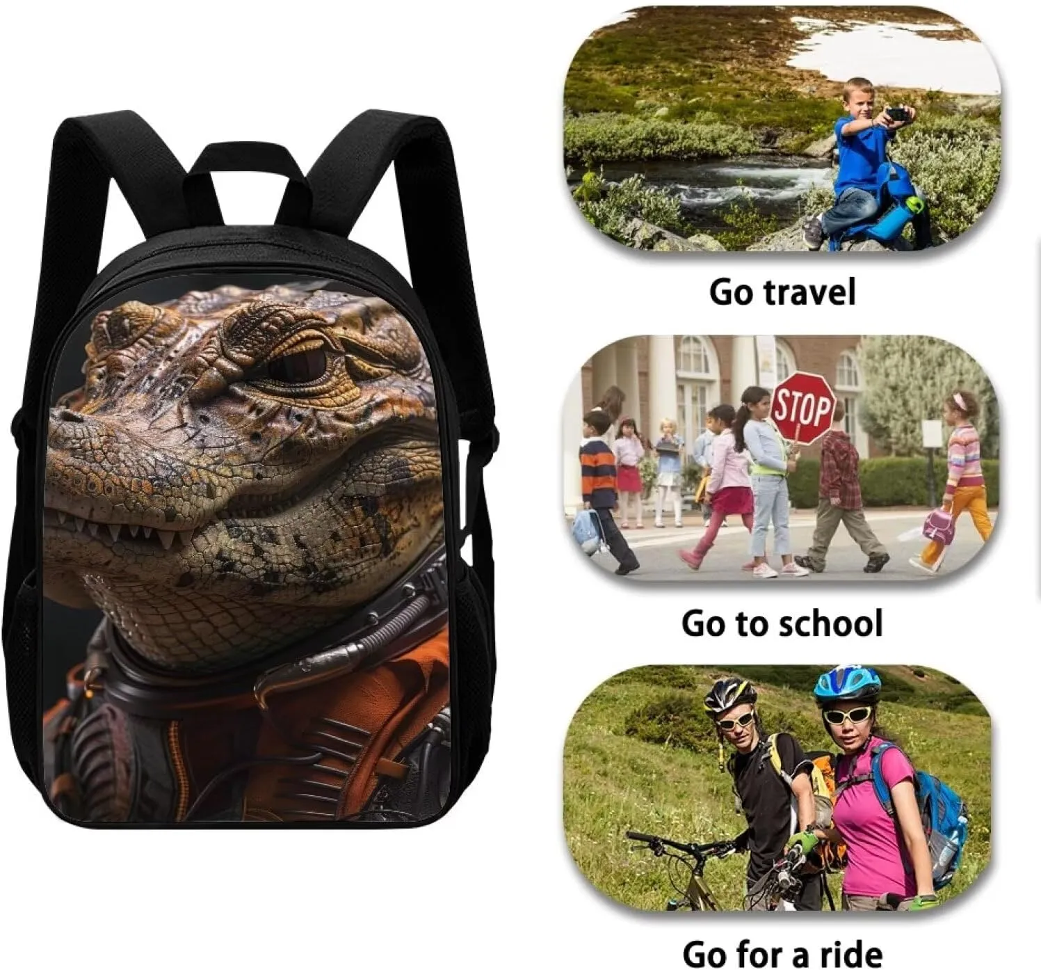 AmzPrint Astronaut Crocodile Black Backpack For Boys Girls Kids 17 Inch Large Capacity Animal Print School Backpack