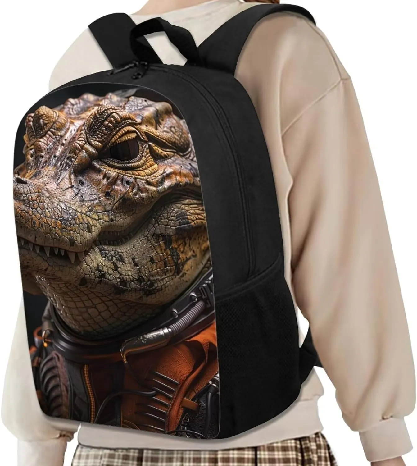 AmzPrint Astronaut Crocodile Black Backpack For Boys Girls Kids 17 Inch Large Capacity Animal Print School Backpack