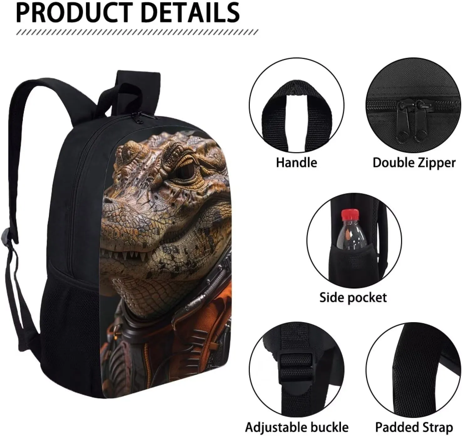 AmzPrint Astronaut Crocodile Black Backpack For Boys Girls Kids 17 Inch Large Capacity Animal Print School Backpack