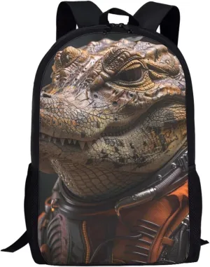 AmzPrint Astronaut Crocodile Black Backpack For Boys Girls Kids 17 Inch Large Capacity Animal Print School Backpack