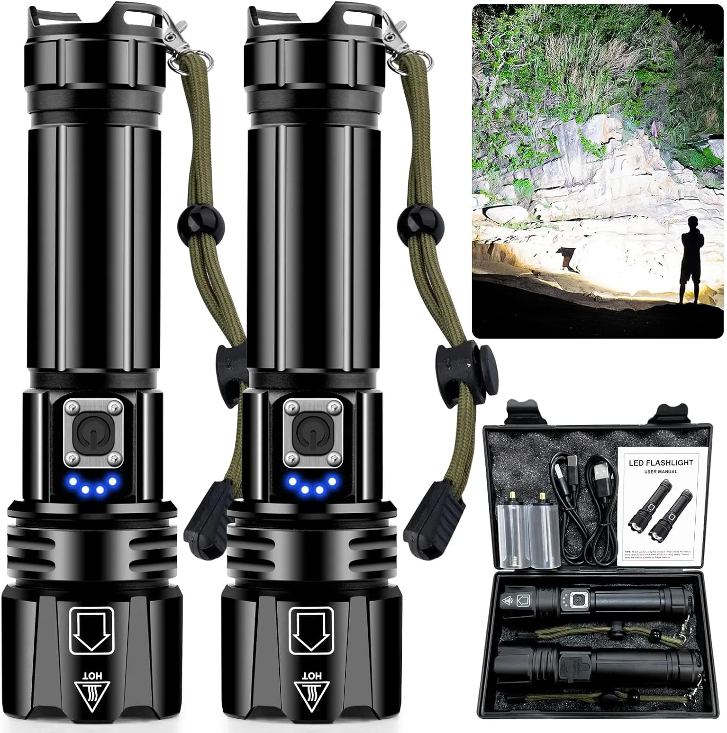 ANKRA High Lumen Rechargeable LED Flashlight, High Lumens XHP70.2, 5 Modes Zoomable,Waterproof,USB Output Power Bank,Tactical Flashlight for Camping,Hiking,Emergencies (2-Pack)