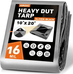 AROIC 10x20FT Heavy Duty Tarps, Waterproof 16 Mil Thick Camping Tarp with 15x17 Weave, Large Waterproof Tarp Tear Resistant UV Resistant Multipurpose Protective Cover for Tent Car Roof Boat