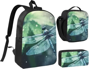 Art Blue Dragonfly1 print Backpack 3pcs Set Including 17 Inch Large BookBag With Lunch Bag And Practical Pen Bag