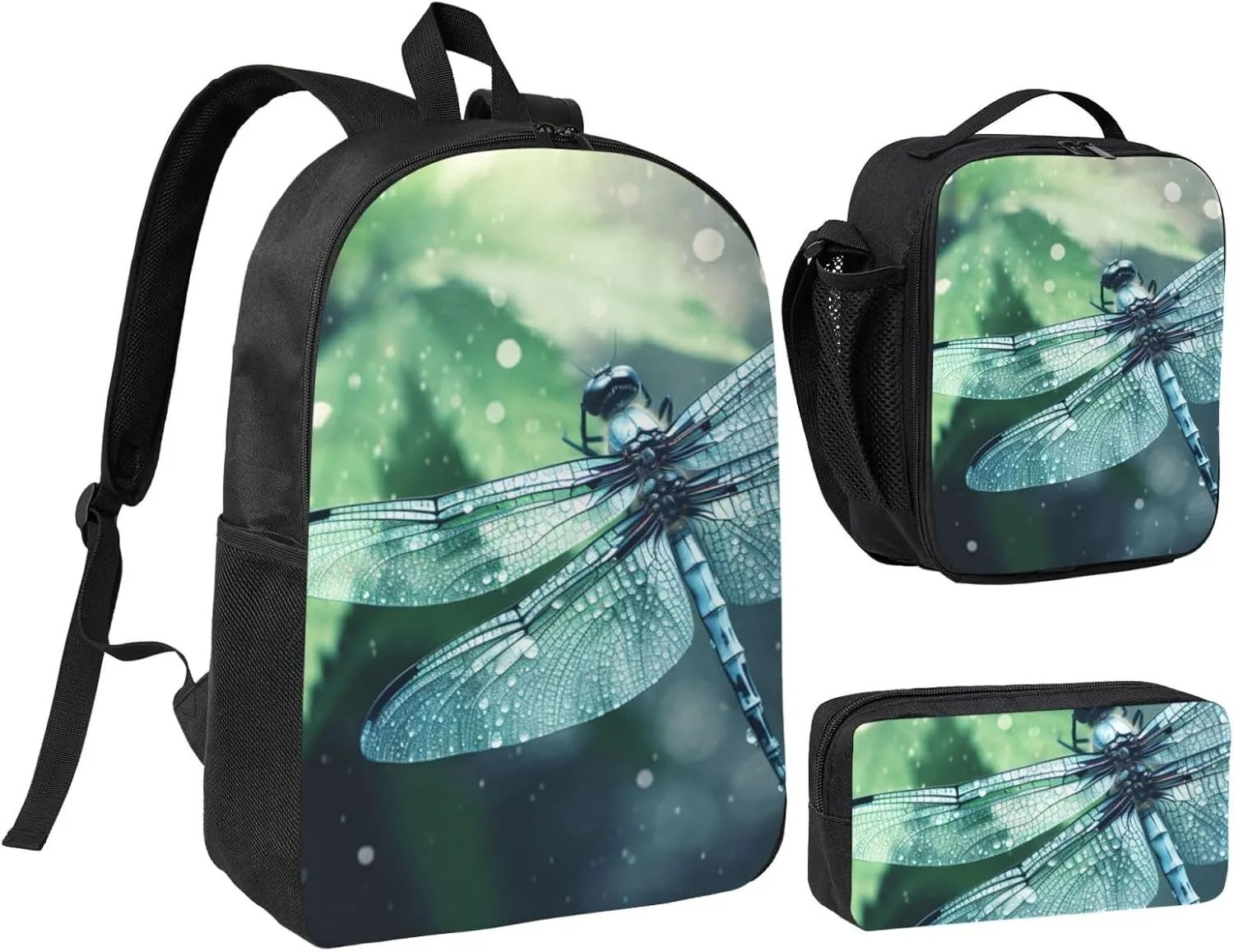 Art Blue Dragonfly1 print Backpack 3pcs Set Including 17 Inch Large BookBag With Lunch Bag And Practical Pen Bag