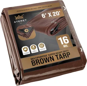 ATERET 6' x 20' Super Heavy Duty 16 Mil Brown Poly Tarp Cover - UV Resistant, Thick Waterproof, Rip and Tear Proof Tarpaulin with Grommets and Reinforced Edges