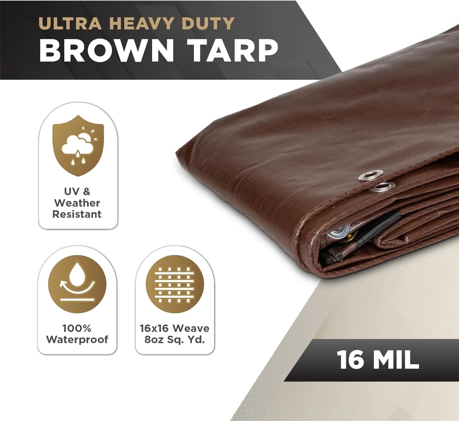 ATERET 6' x 20' Super Heavy Duty 16 Mil Brown Poly Tarp Cover - UV Resistant, Thick Waterproof, Rip and Tear Proof Tarpaulin with Grommets and Reinforced Edges