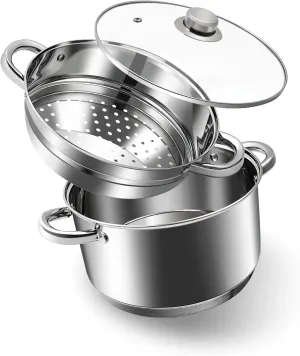 AuFranc® 4 Quart 18/10 Stainless Steel Tri-ply Stockpot and Steamer with Tempered Glass Lid, Multipurpose Steamer Pot Compatible with All Cooktops, Non-Toxic Soup Pot, Oven & Dishwasher Safe (Silver)