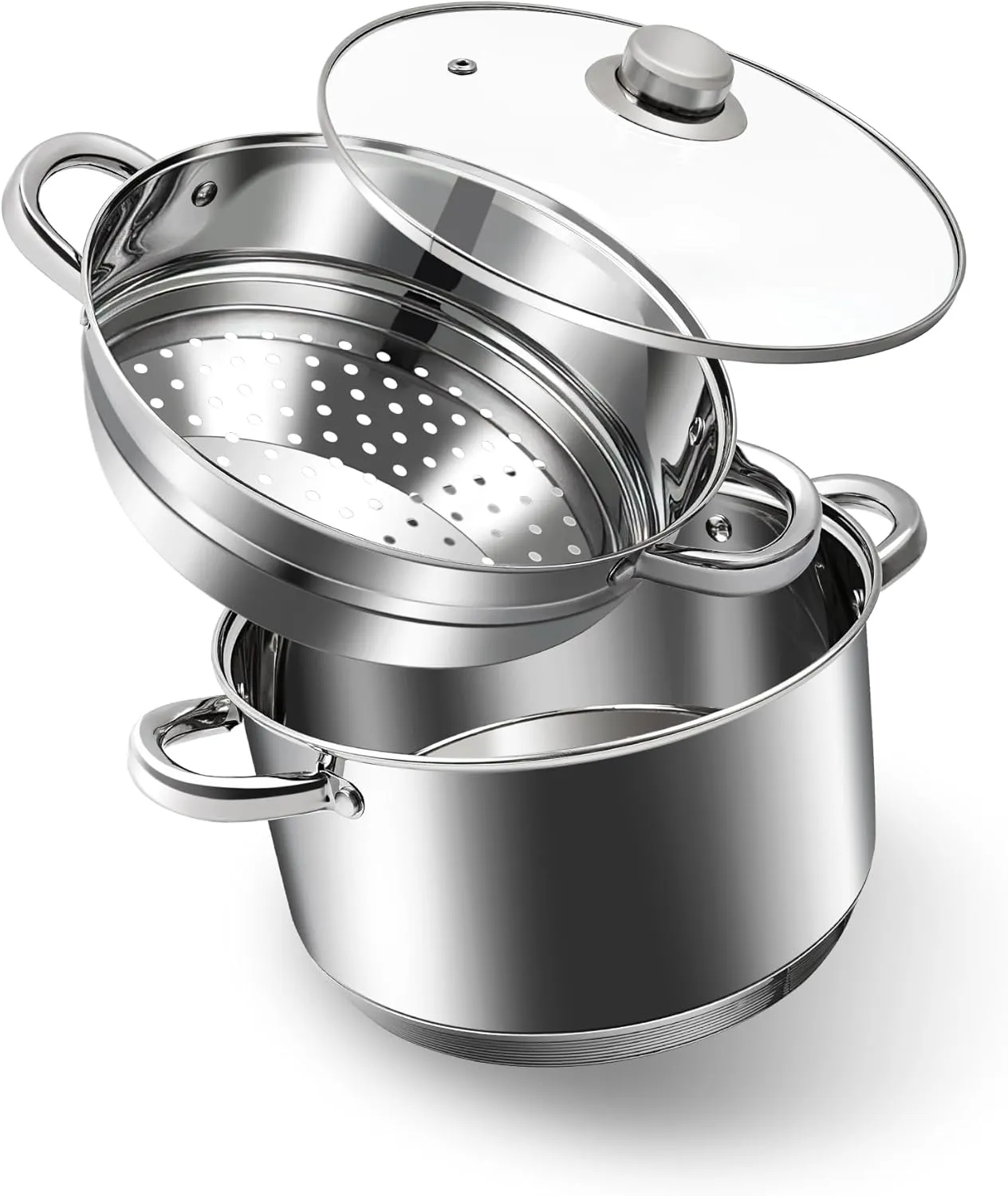 AuFranc® 4 Quart 18/10 Stainless Steel Tri-ply Stockpot and Steamer with Tempered Glass Lid, Multipurpose Steamer Pot Compatible with All Cooktops, Non-Toxic Soup Pot, Oven & Dishwasher Safe (Silver)