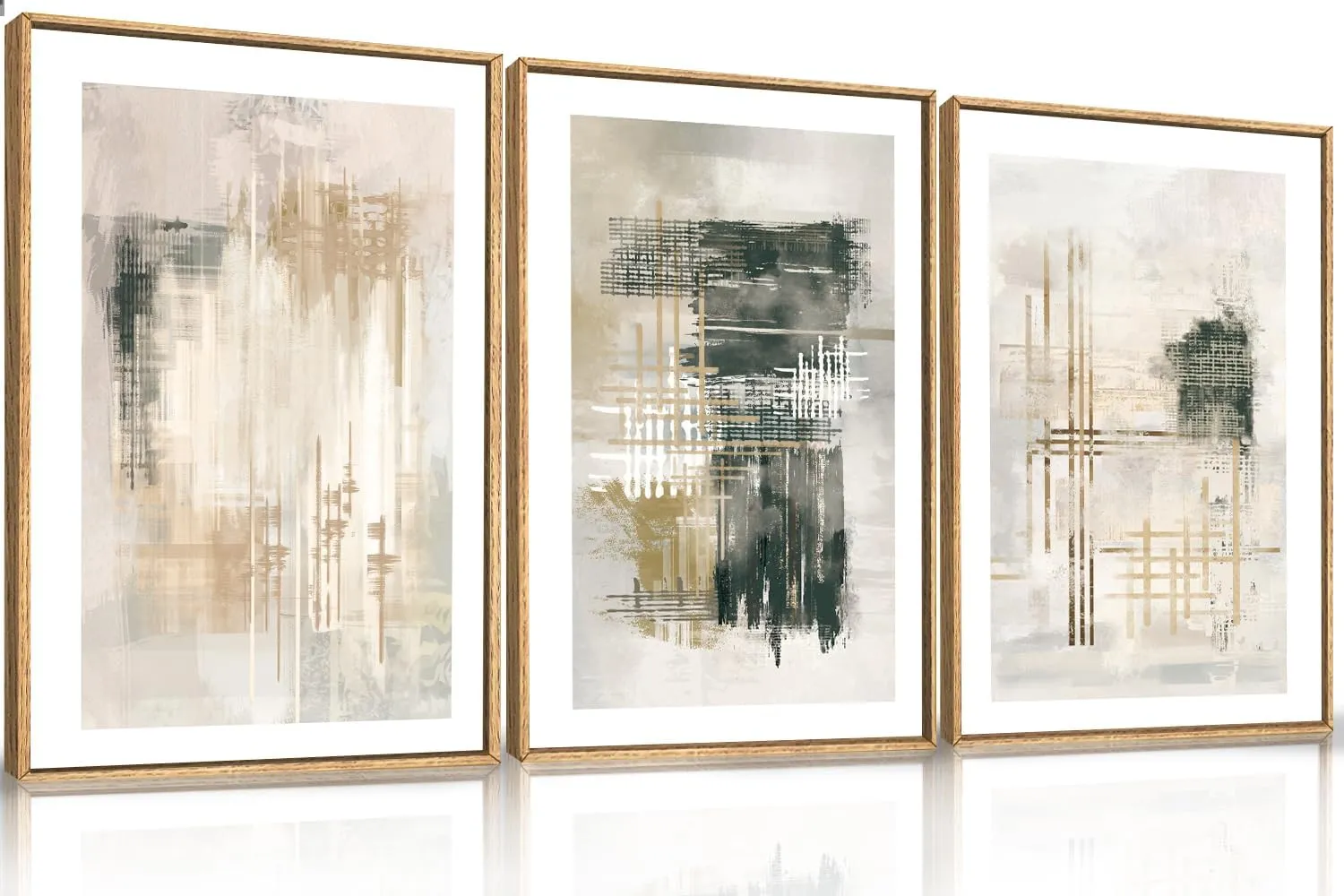 Ausril Modern Abstract Framed Canvas Wall Art Set, Neutral Beige Shape Wall Decor, Black and White Block Wall Painting, Minimalist Paint Stroke Art Print for Living Room, Bedroom, Office 16"x24"x3