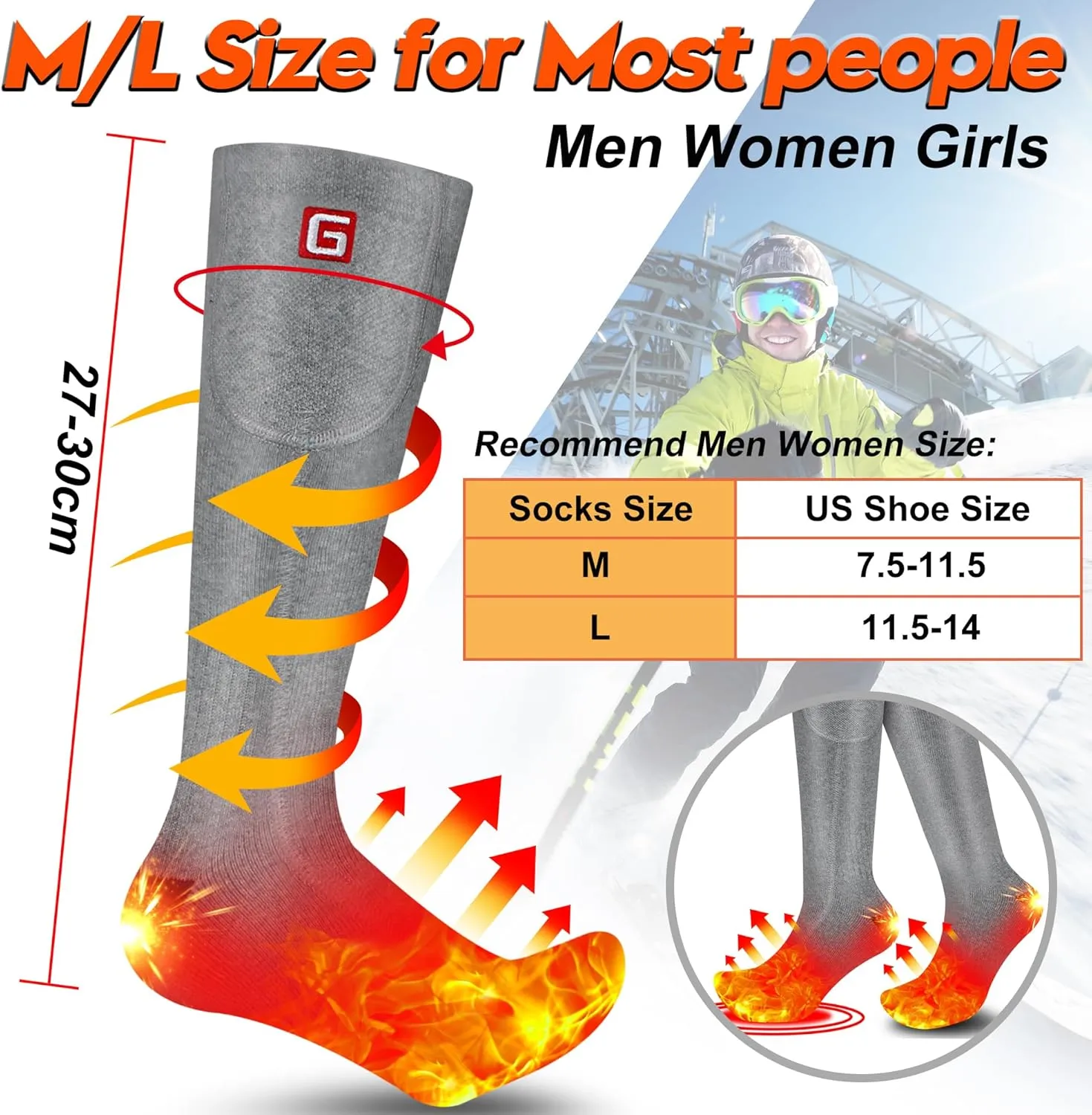 Autocastle Heated Socks for Men Women - Rechargeable Battery Electric Socks for Chronically Cold Feet - Winter Warm Thermal Washable Unisex Foot Warmer for Hunting Skiing Cycling