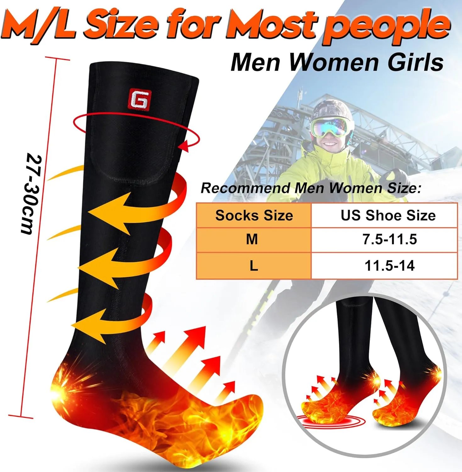 Autocastle Women Girls Battery Socks Rechargeable Electric Heated Socks,Battery Powered Heat Insulated Socks Kit Winter Warm Thermal Heating Socks,Cold Weather Battery Sock Ski Hunt Bike Foot Warmer