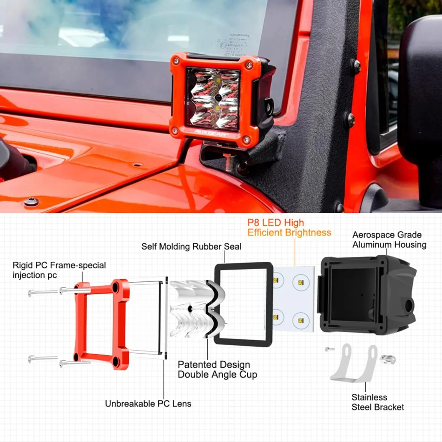 Auxbeam FA Series Red Housing LED Pods, 3 Inch 40W Spot Beam Light Bar, Ditch Off-Road Cube Lights Bumper A-Pillar Hood Mount, with DT Wiring Harness, Pair