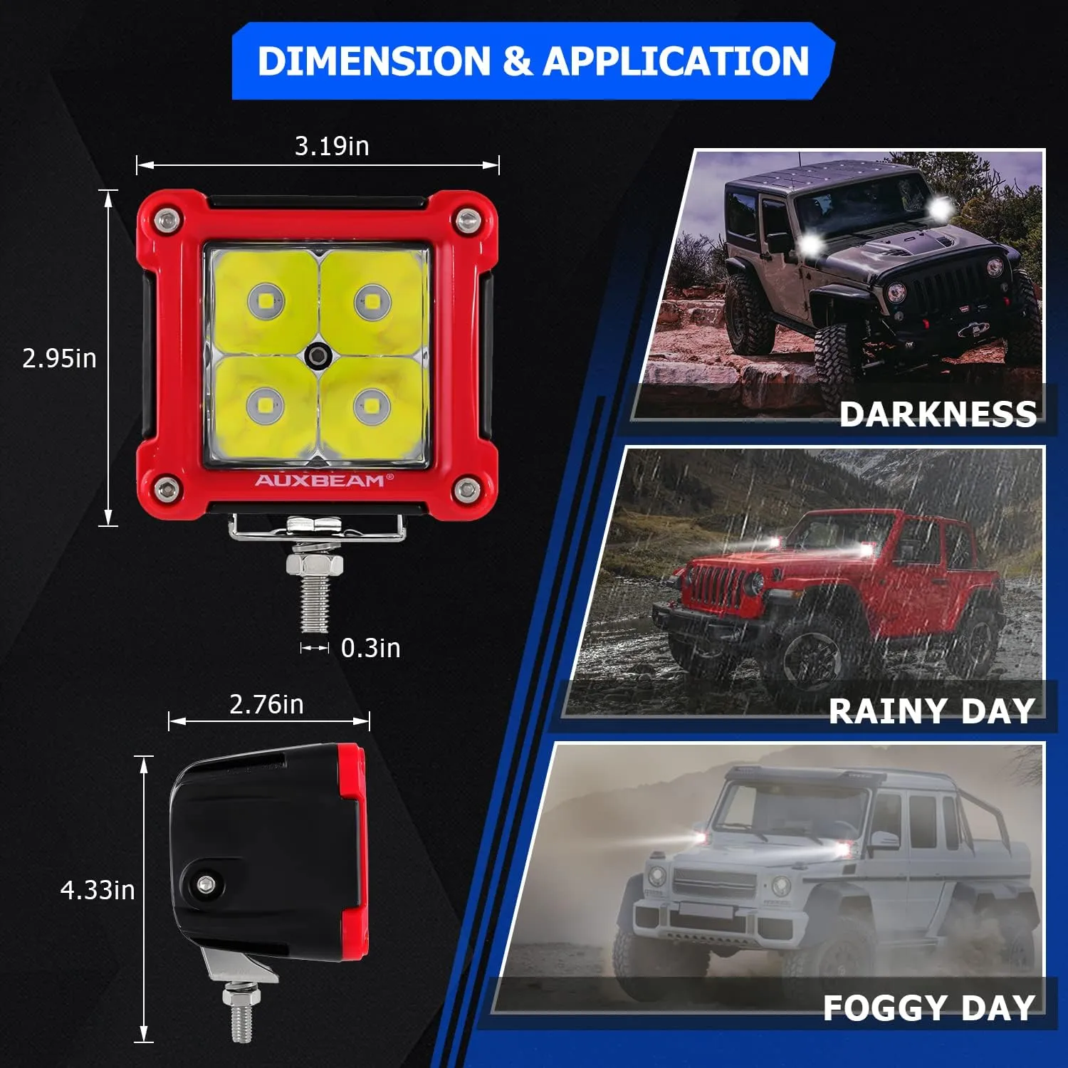 Auxbeam FA Series Red Housing LED Pods, 3 Inch 40W Spot Beam Light Bar, Ditch Off-Road Cube Lights Bumper A-Pillar Hood Mount, with DT Wiring Harness, Pair