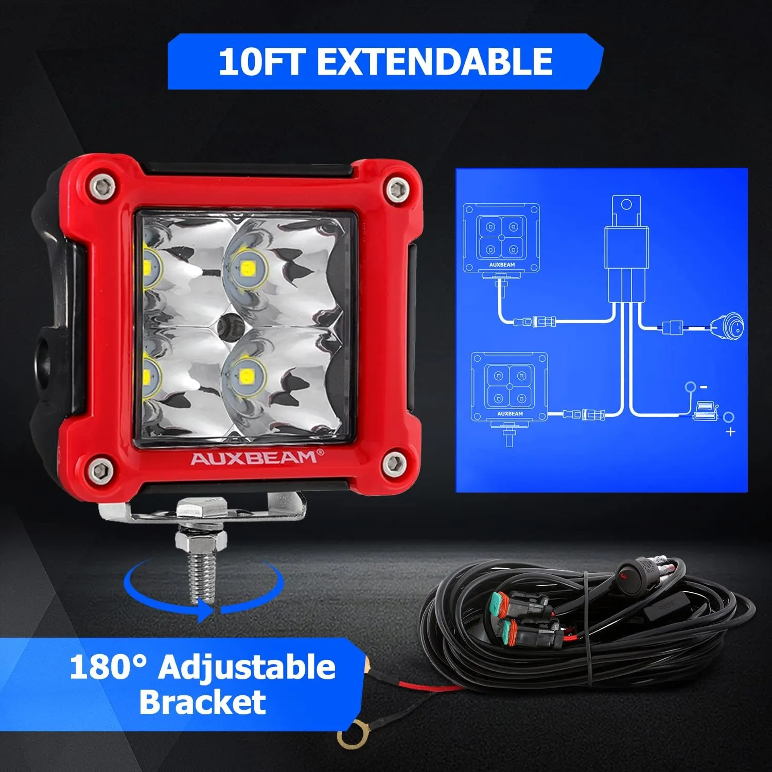 Auxbeam FA Series Red Housing LED Pods, 3 Inch 40W Spot Beam Light Bar, Ditch Off-Road Cube Lights Bumper A-Pillar Hood Mount, with DT Wiring Harness, Pair