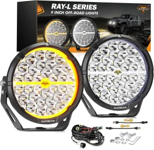 Auxbeam RAY-L Series 9 Inch Round LED Offroad Driving Light Bar with White/Amber DRL 318W Spot Beam Spotlights Off-Road Lights for 4x4 Truck Jeep Wrangler UTV ATV Pick-Up Auto, Pair
