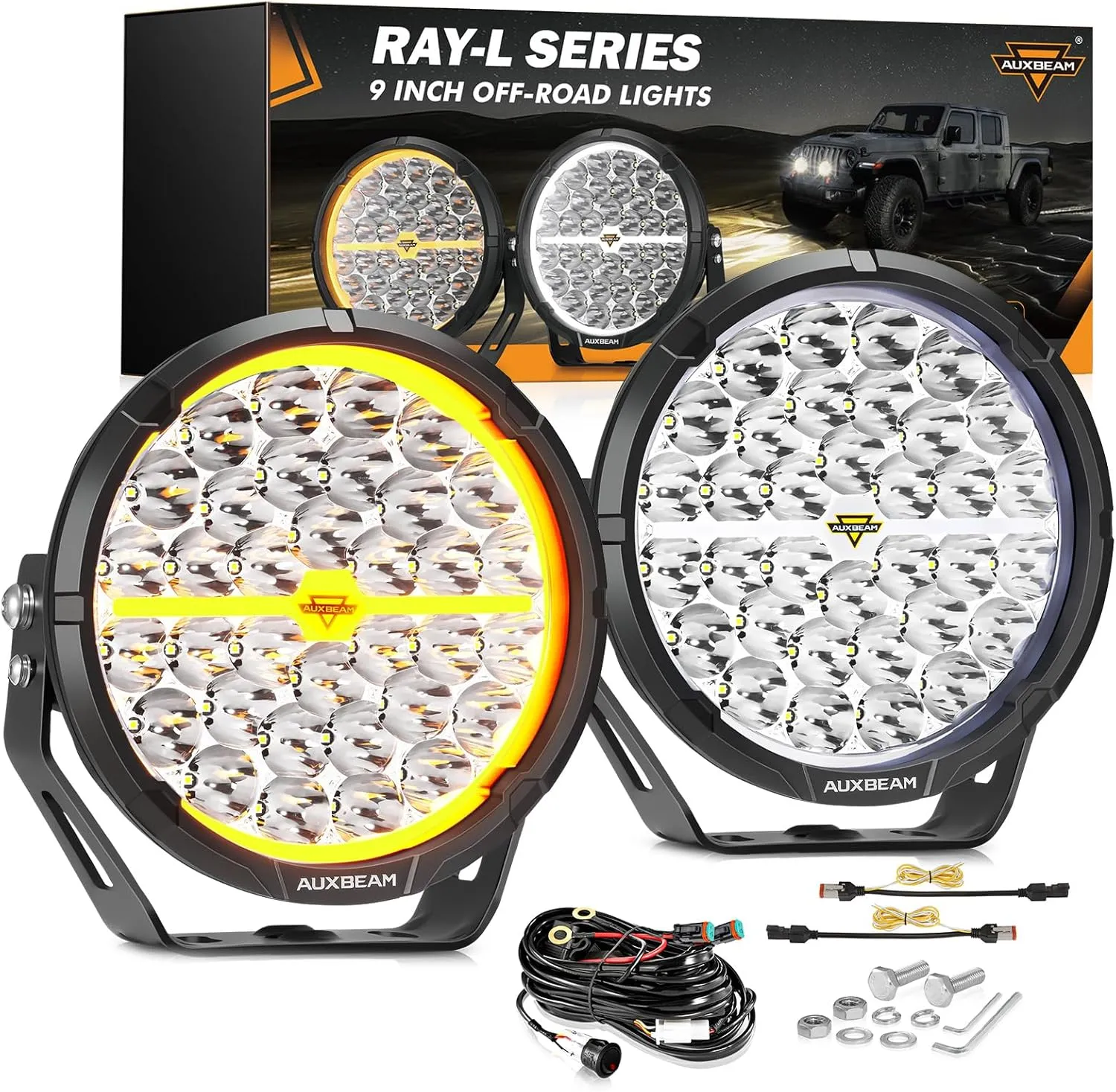 Auxbeam RAY-L Series 9 Inch Round LED Offroad Driving Light Bar with White/Amber DRL 318W Spot Beam Spotlights Off-Road Lights for 4x4 Truck Jeep Wrangler UTV ATV Pick-Up Auto, Pair