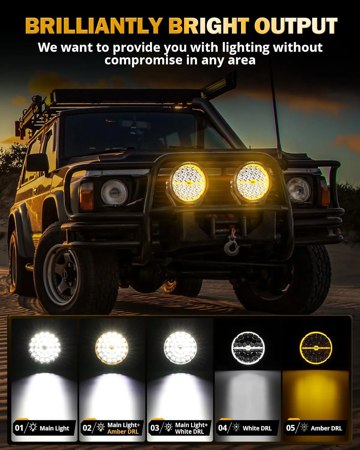 Auxbeam RAY-L Series 9 Inch Round LED Offroad Driving Light Bar with White/Amber DRL 318W Spot Beam Spotlights Off-Road Lights for 4x4 Truck Jeep Wrangler UTV ATV Pick-Up Auto, Pair