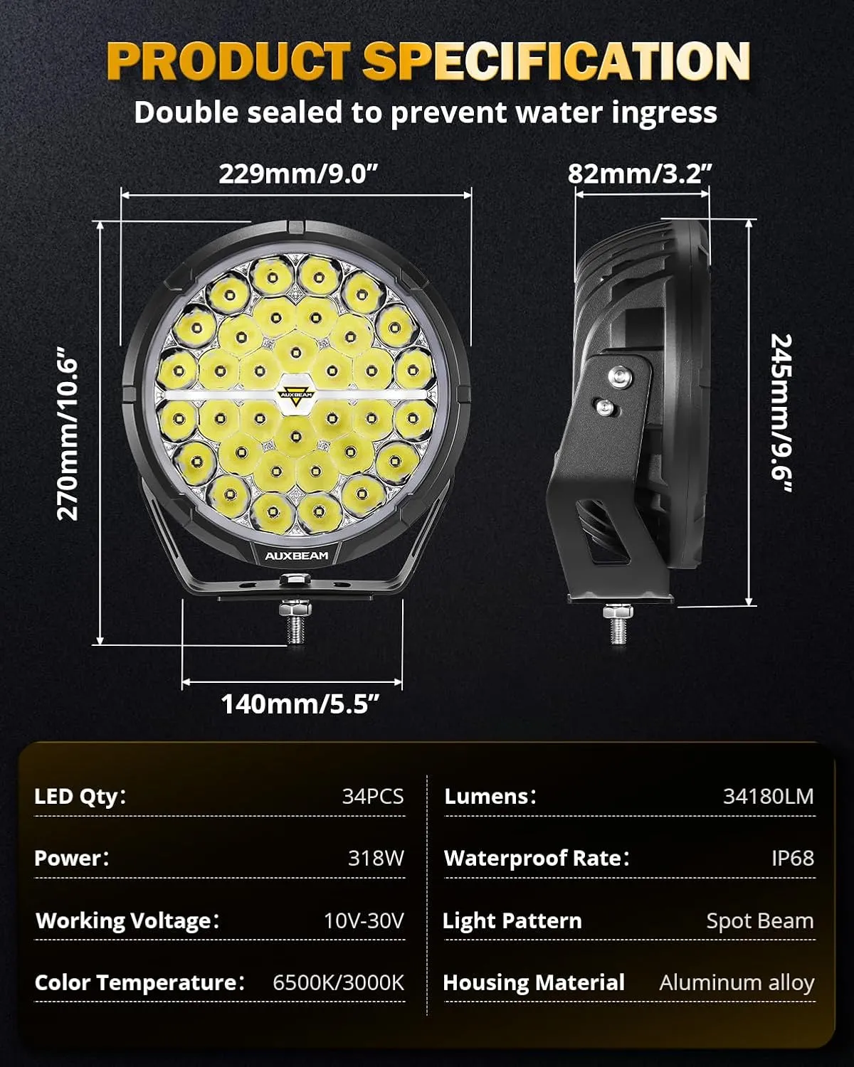 Auxbeam RAY-L Series 9 Inch Round LED Offroad Driving Light Bar with White/Amber DRL 318W Spot Beam Spotlights Off-Road Lights for 4x4 Truck Jeep Wrangler UTV ATV Pick-Up Auto, Pair