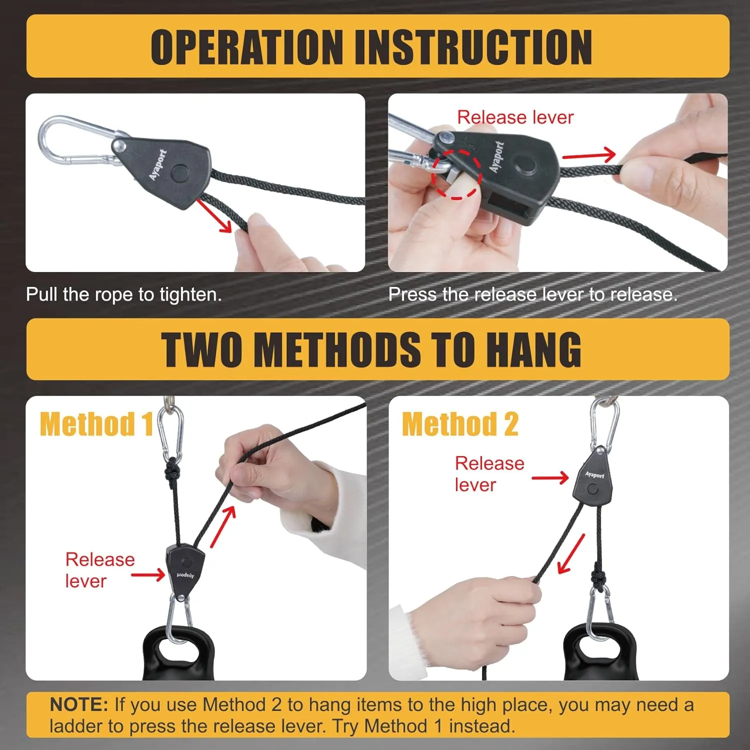 Ayaport Adjustable Rope Hanger Grow Light Hanger, 1/8 Heavy Duty Plant Pulley Rope Tightener Ratchet Tie Down for Kayak, Tarp, Tent Tie Downs, Hanging Plants, Filters, Fans