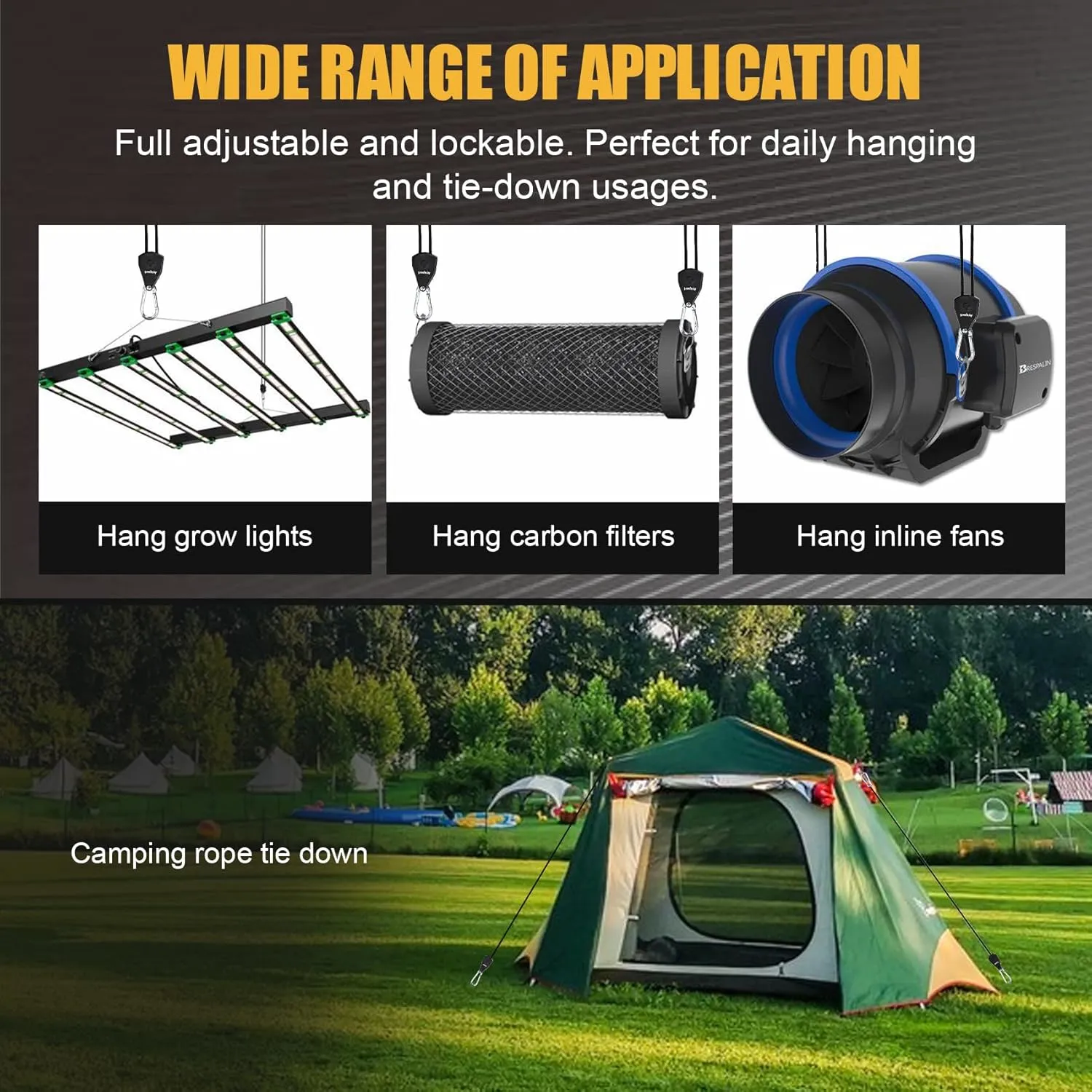 Ayaport Adjustable Rope Hanger Grow Light Hanger, 1/8 Heavy Duty Plant Pulley Rope Tightener Ratchet Tie Down for Kayak, Tarp, Tent Tie Downs, Hanging Plants, Filters, Fans