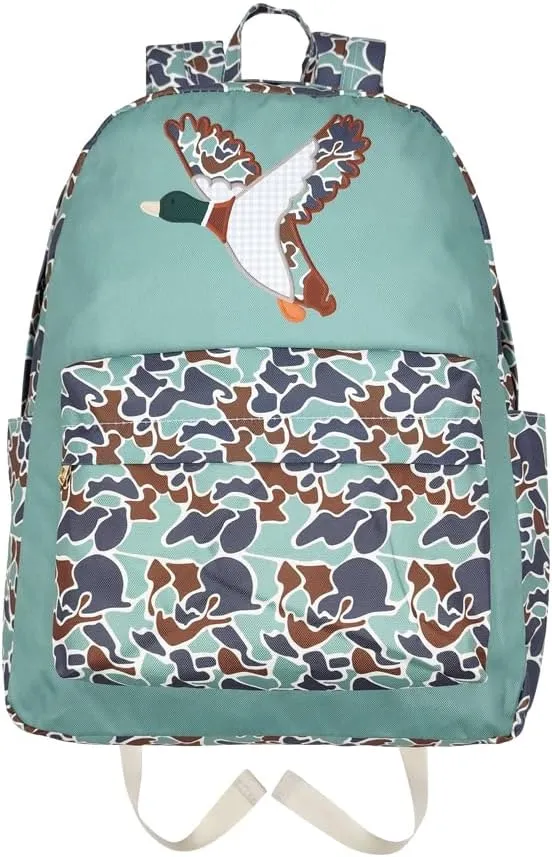 BA0259 Duck Pattern Backpack, Camouflage Design with Duck Graphic, Mint Green and Brown, Hunting Style bag