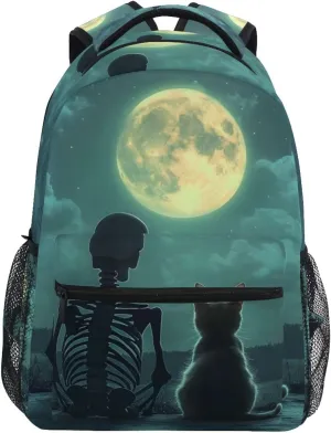 Backpack Skeleton Cat Watch Moon for Men Women Laptop Travel Backpack Book Bag Personalized Backpack 11.4” x 16”