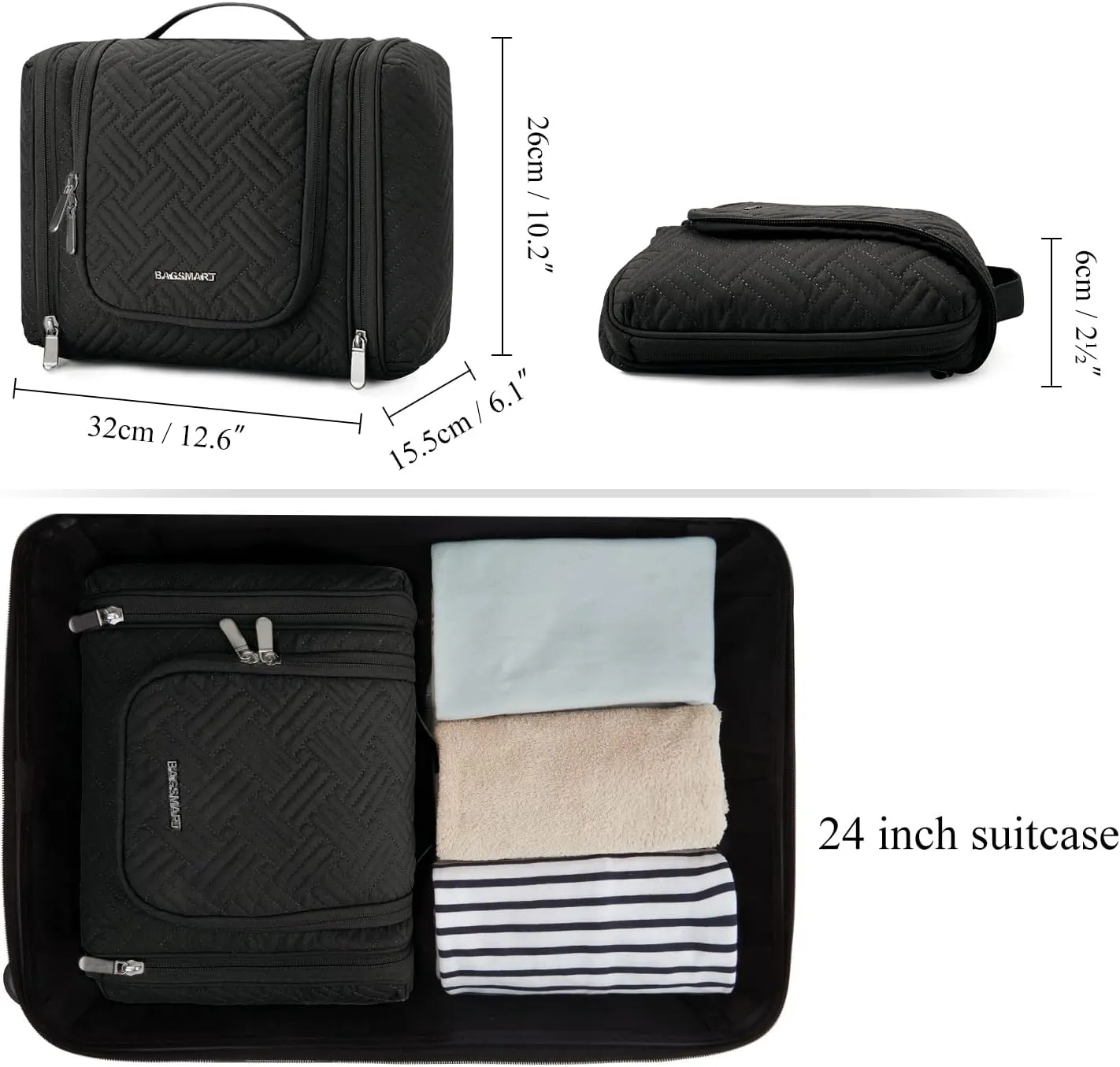 BAGSMART Large Toiletry Bag for Men, Travel Cosmetic Makeup Bag with Hanging Hook, Water-resistant Dopp kit Shaving Bag for Full Sized Container, Toiletries, Shampoo, Black-Large
