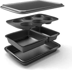 Baker's Secret Stackable Baking Set of 5 Bakeware Pans, Bakeware Set, Baking Pan Set Includes Muffin Pan, Roaster Pan, Square Pan, Cookie Sheet, Loaf Pan, Easy Store, Dishwasher Safe, Baking Supplies