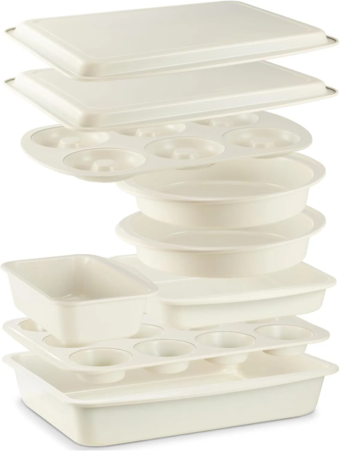 Baking Pans Set, 9-Piece Baking Sheet Set with Non-Stick Coating and Innovative Handles, Includes Exclusive Donut Pan – Ideal for Home and Professional Baking（White)