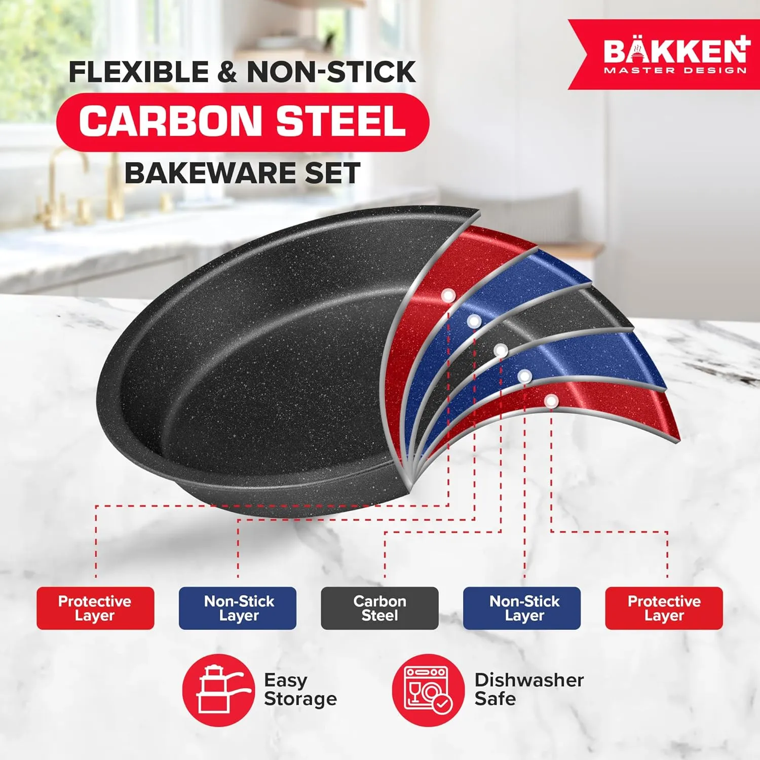 BAKKEN 10-Piece Kitchen Baking Pan Set - Commercial Grade Carbon Steel Bakeware, With Nonstick Coating, Stackable and Space-saving Design, PFOA, PFOS, PTFE Free, Oven Safe (Up To 450°F), Gray Marble